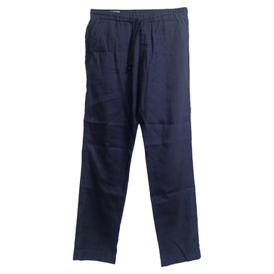 Dries Van Noten Drawstring Straight-Leg Trousers in Navy Blue Linen