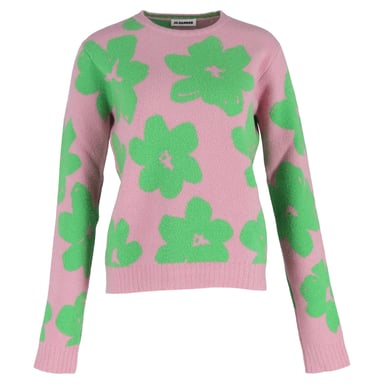 Jil Sander Flower Knit Crewneck Sweater in Pink Wool