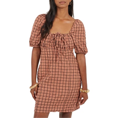 Brave Soul Womens/Ladies Checked Square Neck Puff Sleeve Mini Dress (Rust/Black)