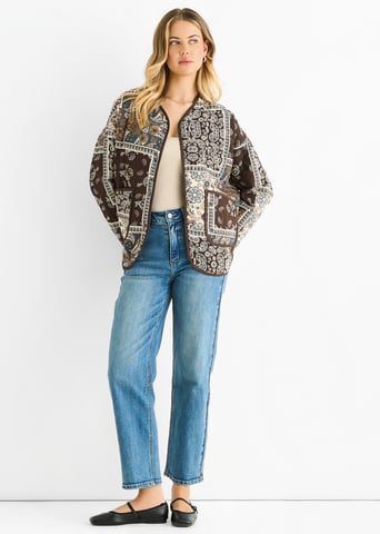 Lichtgewicht gewatteerd jasje van viscose met chocoladekleurig paisley-tegelpatroon