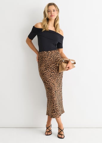 Bruine midi-rok met dierenprint