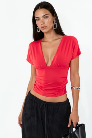 Fitted Crop Blouse With Tie Detail