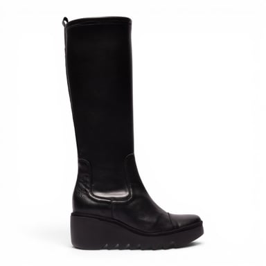Fly London Dames Zwarte Leren Hoge Wighak Lange Laarzen - BUDI603