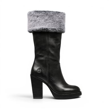 Windsorsmith Dames Zwarte leren Hoge Hakken Bontlaarzen voor Dames tot midden kuit - Lovestruck