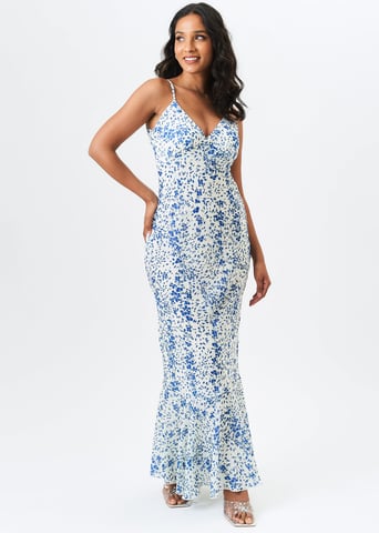 Ivoorwitte maxi-jurk met bandjes van chiffon met Dobby-patroon en bloemenprint