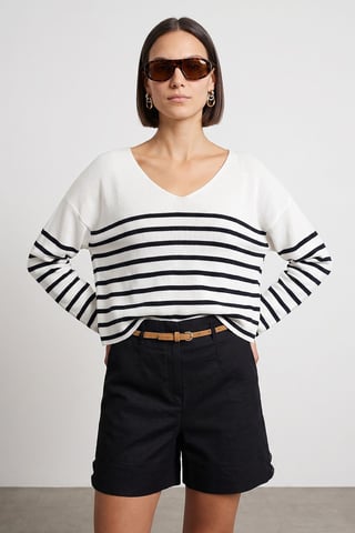 Striped V-neck Ribbed Knit Sweater