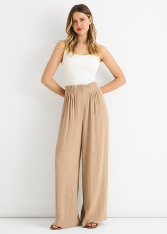 Broek met hoge taille en wijde pijpen in camelkleur, in paperbag-stijl