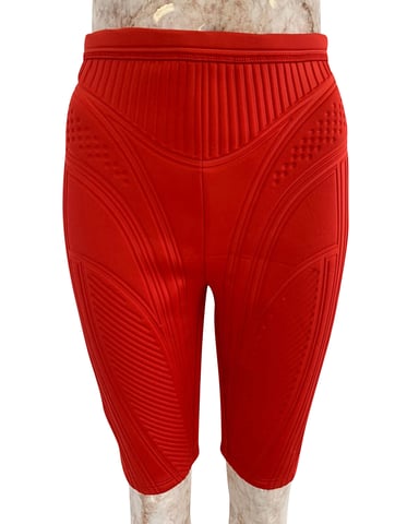Mugler Ribbed Compression Cycling Shorts in Red Polyester
