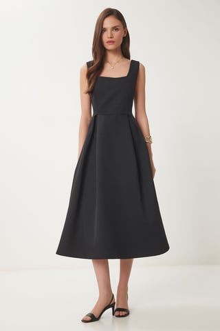Square Collar A-Form Midi Dress with Zipper Closure