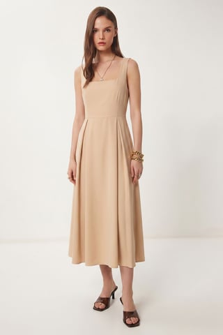 Square Collar A-Form Midi Dress with Zipper Closure