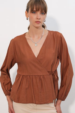 V-Neck Tie Detail Crepe Wrap Blouse