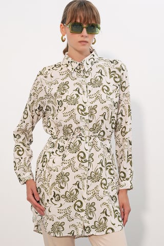 Floral Viscose Crepe Belted Long Shirt