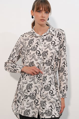 Floral Viscose Crepe Belted Long Shirt
