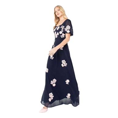 Maya Deluxe Womens/Ladies Floral Embroidery Puff Sleeve Maxi Dress (Navy)