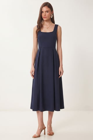 Square Collar A-Form Midi Dress with Zipper Closure
