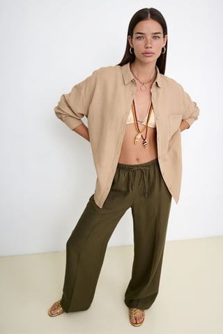 Oversized Textured Cotton Shirt with Pocket