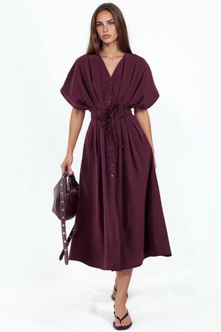 Casual V-Neck Midi Shirt Dress