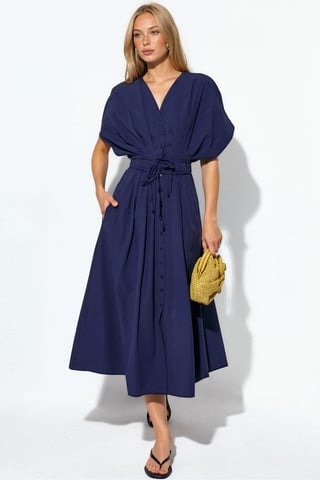Casual V-Neck Midi Shirt Dress