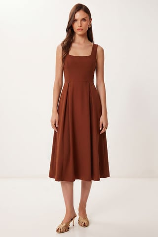 Square Collar A-Form Midi Dress with Zipper Closure