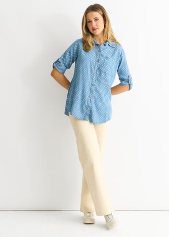 Overhemd met stippenprint in blauwe denim-look