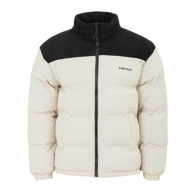 Firetrap Mens Colour Block Corduroy Quilted Puffer Jacket (Beige)
