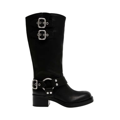 Steve Madden Womens/Ladies Eastern Leather Buckle Detail Motorcycle Boots (Black)