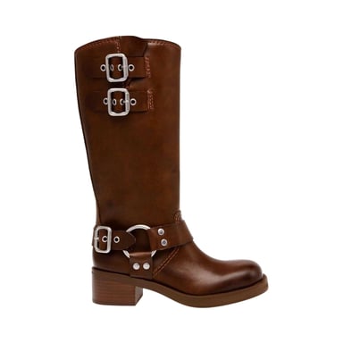 Steve Madden Womens/Ladies Eastern Leather Buckle Detail Motorcycle Boots (Brown)