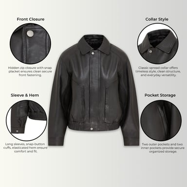 Dames zwarte leren Biker Blouson Bomber Oversized Jas - Sibiu