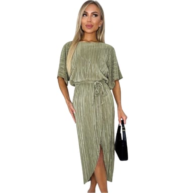 AX Paris Womens/Ladies Plisse Tie Belt Short-Sleeved Midi Dress (Light Khaki)