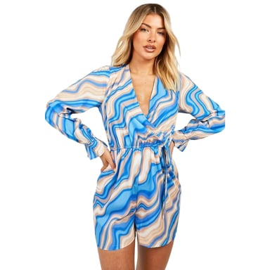Influence Womens/Ladies Surplice Wave V Neck Relaxed Fit Long-Sleeved Playsuit (Blue)
