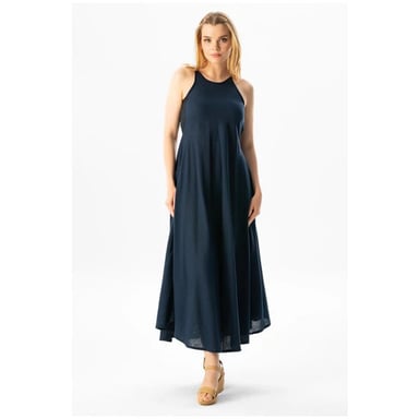 Gauni refu la Sima la Kiangazi katika kitambaa cha Strappy Şile, Navy Blue LCVT