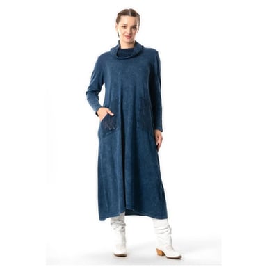 Gauni la Kushona la Sevda lenye Mikono Mirefu la Turtleneck la Msimu wa Vuli na Baridi lenye Mifuko ya Indigo Indigo