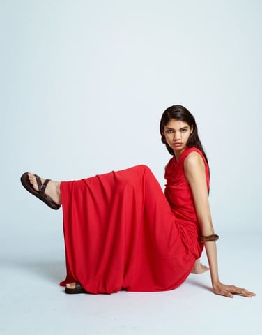Topshop drop waist ruched maxi dress in red
