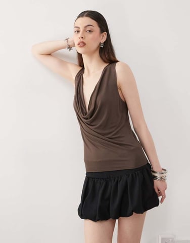 Weekday plunge neck drape top in dark brown
