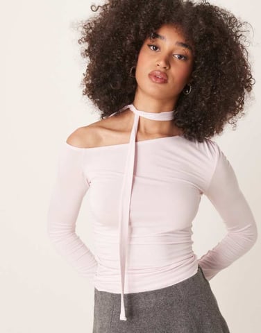 Gina Tricot jersey asymmetric top with tie in light pink