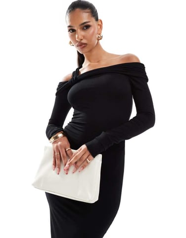 ASOS DESIGN bardot midi-klänning med vridet band i svart