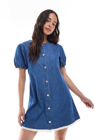 ASOS DESIGN denim mini dress with puff sleeve and broderie trim in mid blue