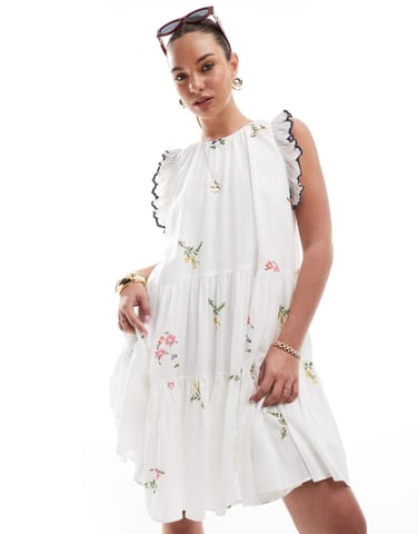 French Connection tiered mini dress with embroidery in white