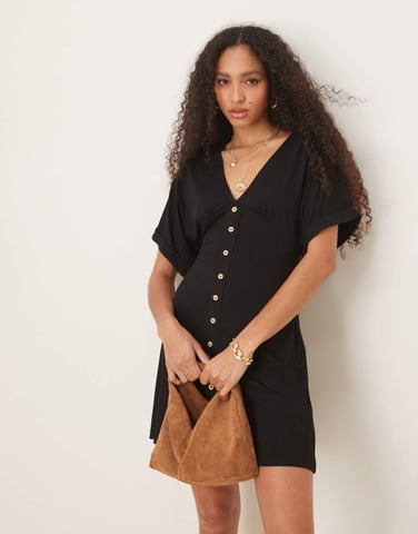 ASOS DESIGN roll sleeve button front mini tea dress in black