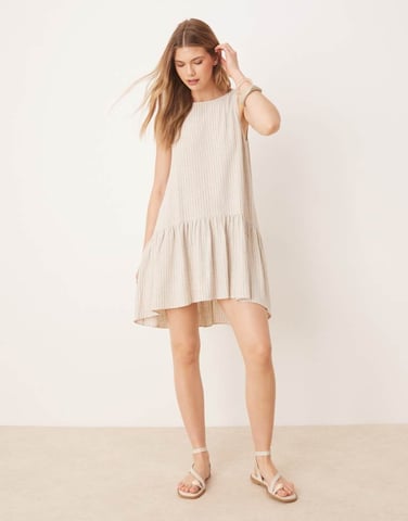 ASOS DESIGN drop waist linen mini dress in natural stripe