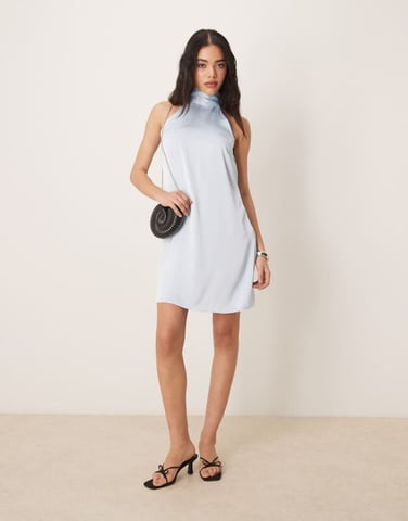Vila satin halter mini dress in pastel blue