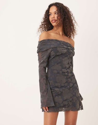 ASOS DESIGN off shoulder flocked bardot mini dress in petrol blue