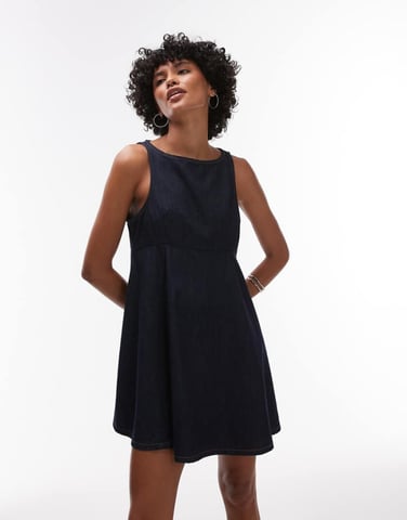 Topshop denim slash neck flippy mini dress in rinse wash