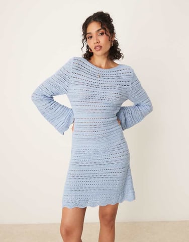 ASOS DESIGN knitted mini dress with flared sleeve in light blue