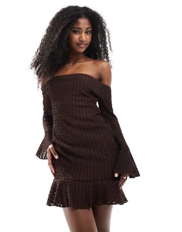 Miss Selfridge bardot ruffle hem mini dress in chocolate