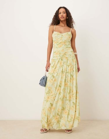 Vila ruched mesh maxi dress in yellow floral print
