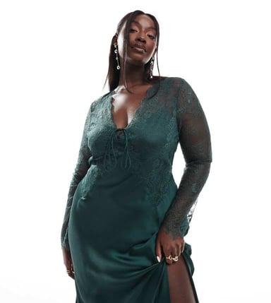 ASOS DESIGN Curve satin and lace mix bias maxi dress with lace up front and cut out back in deep green