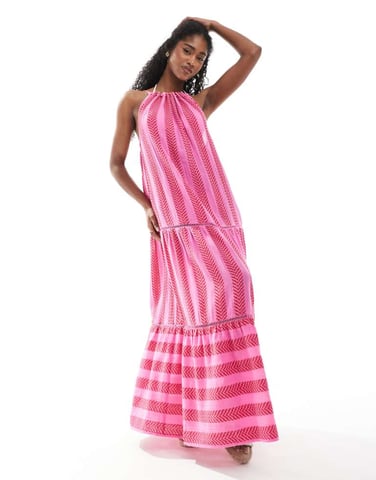 Accesorize maxi halter beach dress in pink and red texture