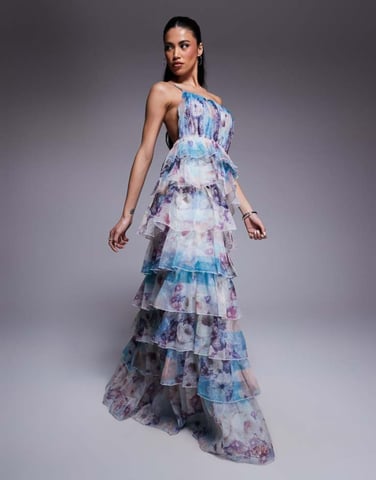 ASOS LUXE organza asymmetric ruffle maxi dress in floral print