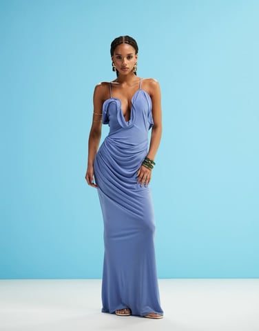 ASOS DESIGN curved wire trim asymmetric neck maxi dress in pale blue